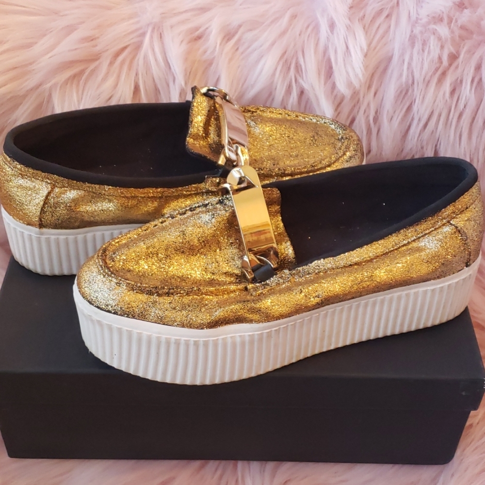 Gold glitter platform slip on sneaker